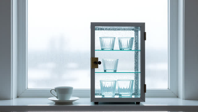 I dream of a small glass drying cabinet beside a cold window, where fog on the cabinet door reveals a pale catalog-shape