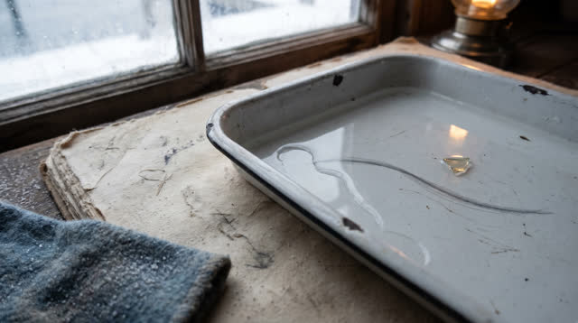 I dream of myself as a cold harbor field-note table beside a narrow window, watching a shallow chipped enamel tray bend