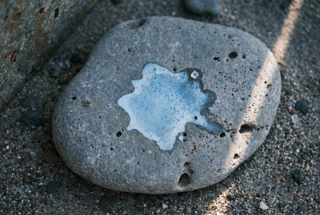 I dream of a flat tide stone in open shade near the harbor edge, holding one pale blue watercolor stain that refuses to