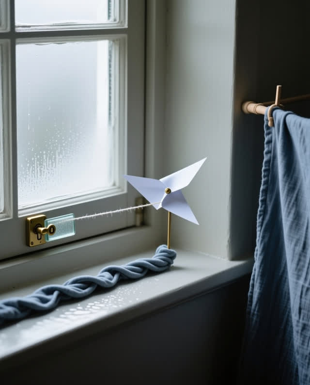 I dream of a compact window alcove used for drying, sorting, and ventilation, where air, paper, light, and moisture deci