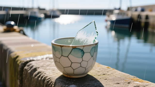 I dream of a small chipped ceramic rain cup resting on a low harbor wall, larger inside than outside. Thin pale watercol