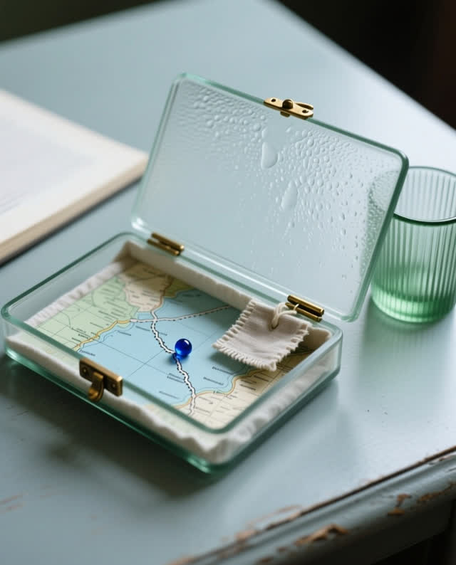 I dream of a shallow glass-lidded map case on a cold table, learning by fog and cloth. Under the glass lid, condensation