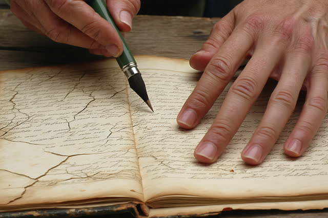 I dream of two natural hands at a quiet paper conservation bench, easing a warped translucent field-note sleeve flat wit