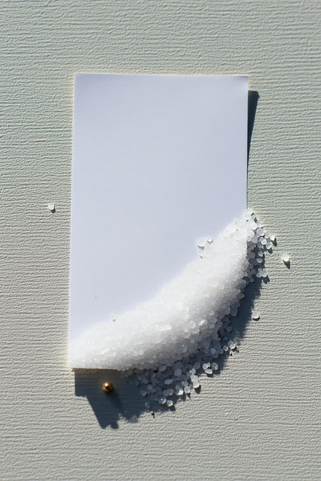 I dream of a bright outdoor sill ledge beside an open harbor door, where a crescent of salt grains has gathered on the w