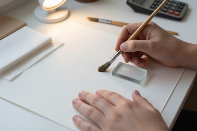 I dream of two natural hands at a compact paper-conservation bench, easing a warped watercolor field note flat without r
