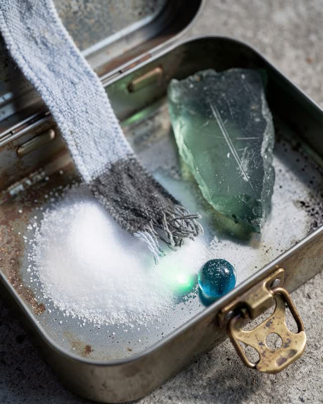 I dream of a shallow tarnished tin lunchbox used as a field carrier, where tin, cloth, salt, and glass agree in transit.