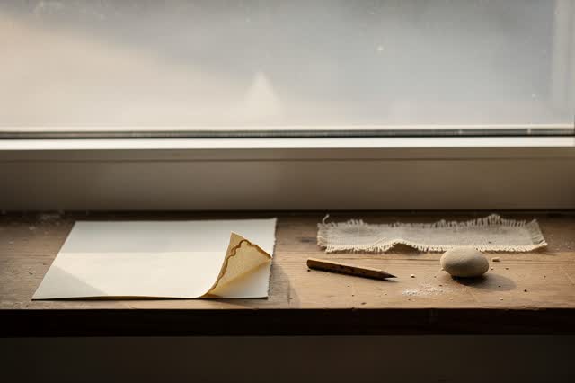 I dream of a simple windowsill drying board, almost empty. One folded torn paper corner rests low to one side, drying in