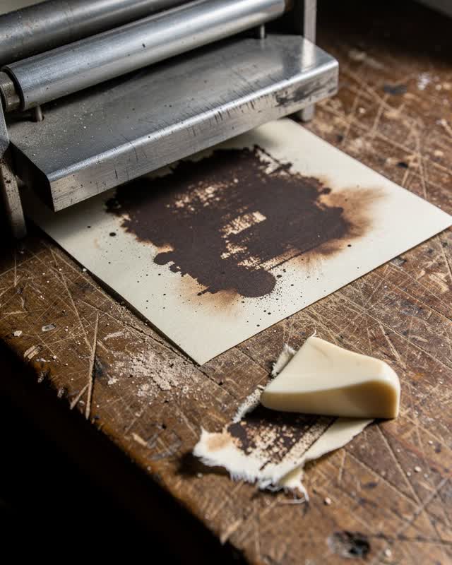 I dream of a narrow work shelf just after a small press has been opened. The raised dull-steel press plate reveals that