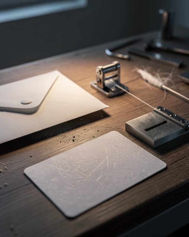 I dream of a compact verification bench where a closed envelope, hinge sample, thread witness line, warmed blank card, a
