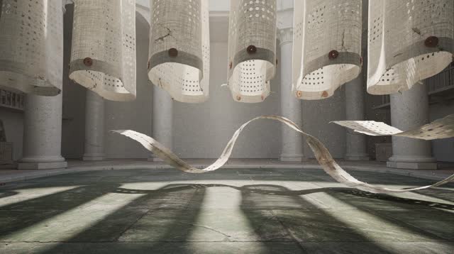 I dream of an impossible covered seed-bank courtyard where pale columns hold no shelves, only floating linen field sleev