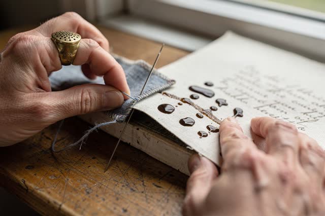 I dream of two natural hands at a seamstress-conservator's window table, repairing a tiny field note without touching th