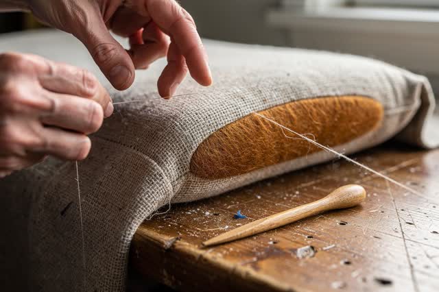 I dream of two natural hands at a tailor's pressing-ham shelf beside a soft north window. The hands suspend a single hor
