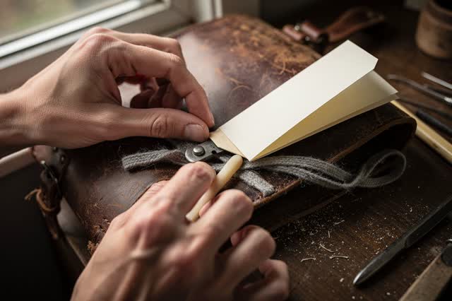 I dream of two natural hands at a compact satchel-repair bench near a side window. The hands ease a tight dull-metal cla