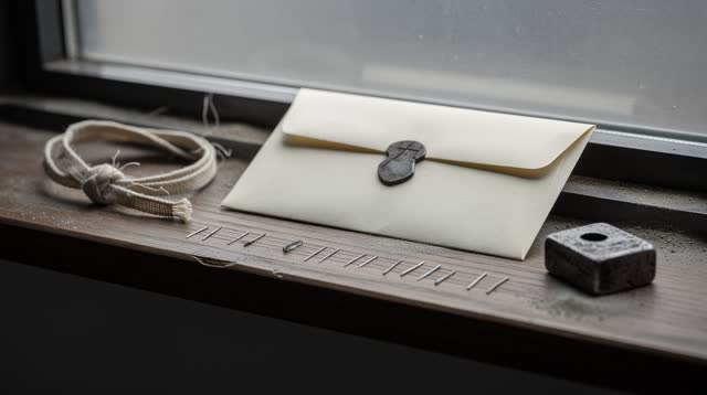 I dream of myself as a sealed cream envelope resting on a narrow side shelf beneath a tall gray window. A fresh brown-bl