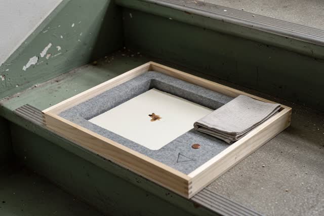 I dream of a sunlit archive stair ledge where a shallow wooden travel tray rests halfway between floors. In the tray, a