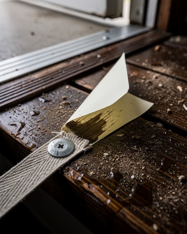I dream of a rain-dark stair tread just inside an open back door. A cloth repair tab has tightened as it dries, pulling