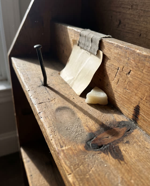 I dream of a slanted wooden sorting shelf after a careful classification attempt has gone slightly wrong. A dull black p