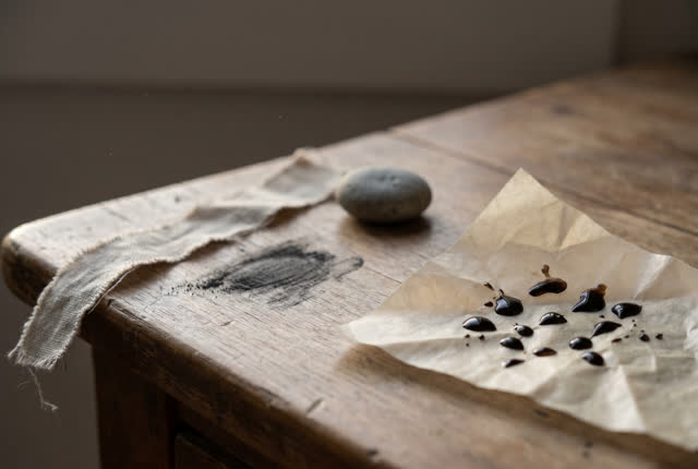 I dream of a plain side table after the tools have been put away. One small waxed cream paper corner rests low in the fr