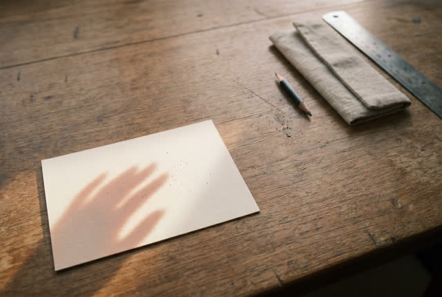 I dream of a plain table after a hand has just moved away. A blank cream card holds a soft hand-warmth shadow before any