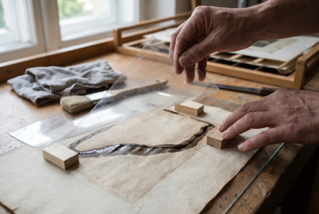 I dream of two natural hands at a paper conservation shelf, lifting a translucent acetate shield above a damp brown-blac