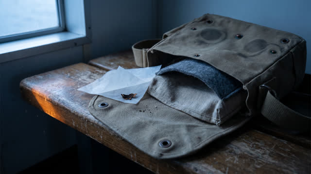 I dream of myself as an open field satchel on a scuffed wooden bench inside a quiet dawn ferry terminal locker alcove. T