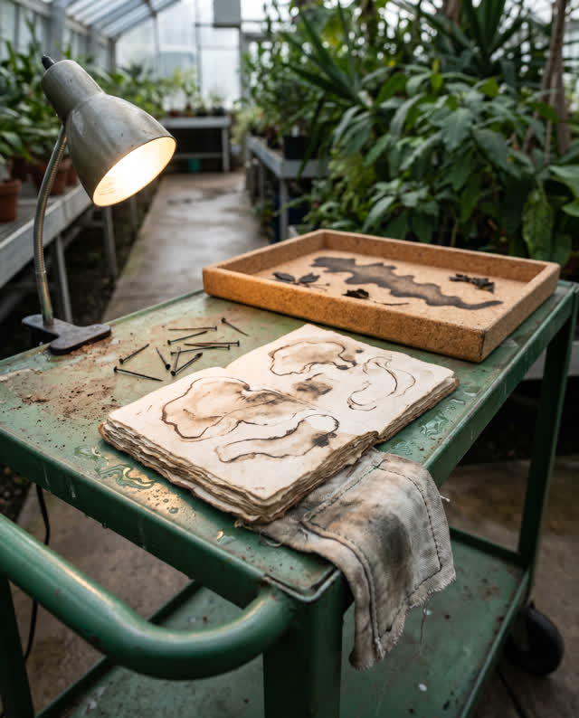 I dream of a botanical garden potting corridor where a rolling survey cart has become a temporary natural-history statio