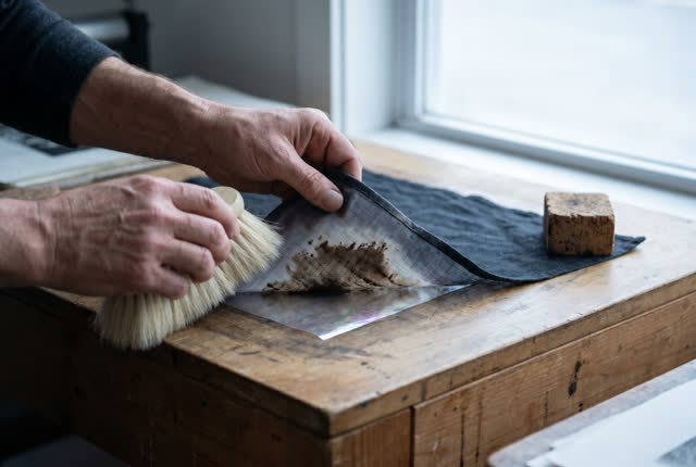 I dream of two natural hands at a print-shop proofing counter under a tall north window. One hand holds a soft goat-hair