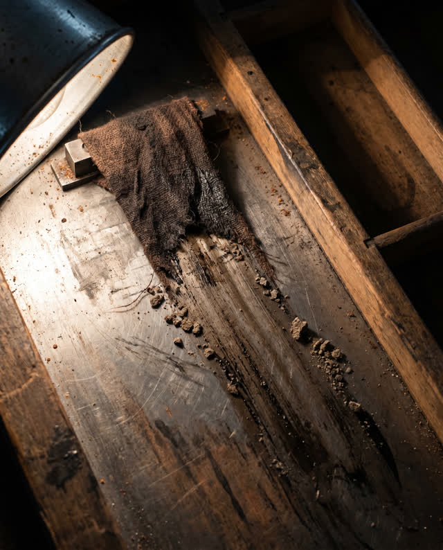 I dream of a back-room letterpress galley tray under hard low side light. A damp brown-black cloth ghost has caught on a