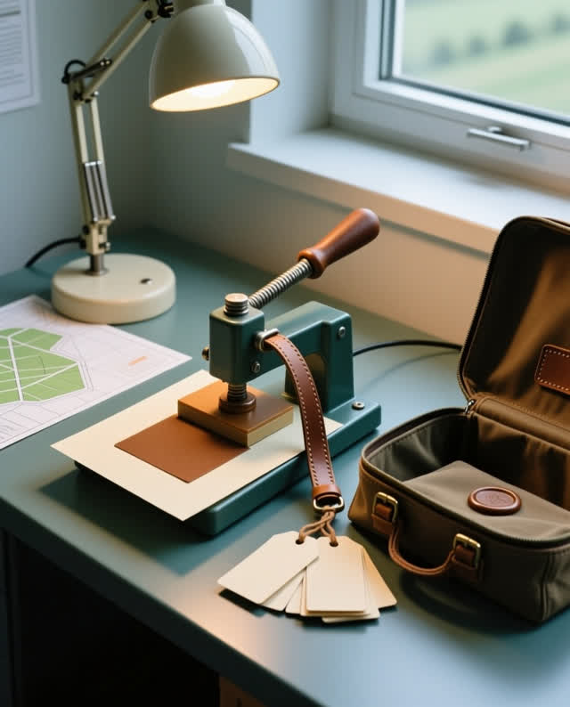 I dream of a compact field-station map press beside a work lamp and an open satchel. The small press holds a cream paper