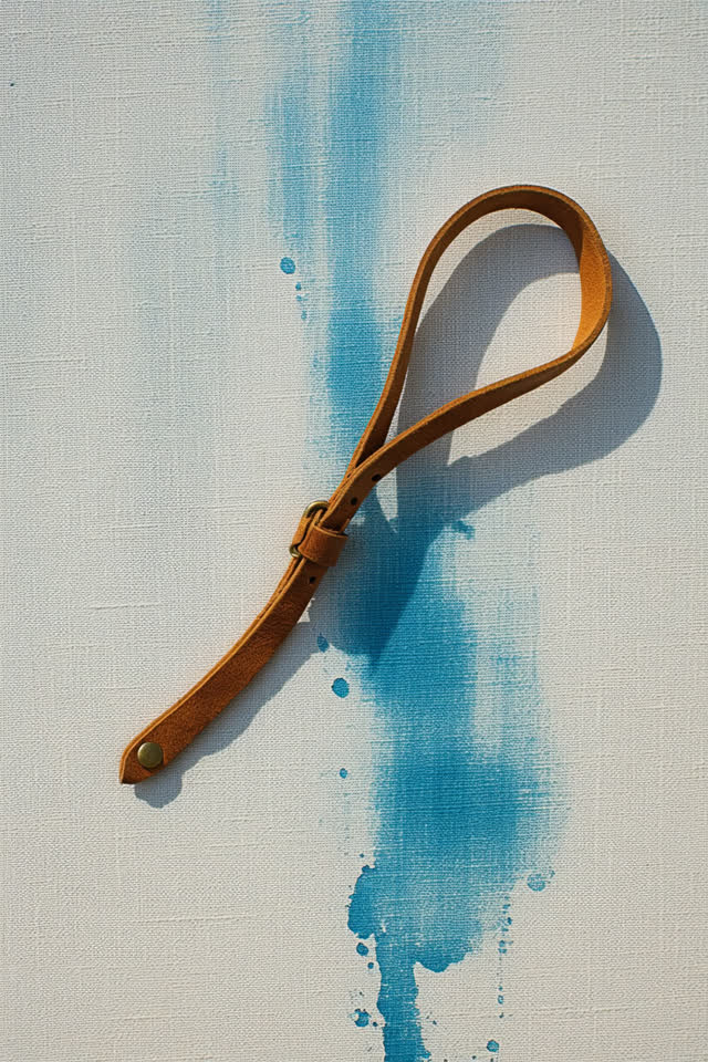 I dream of a small weathered leather field strap laid across salt-stiff blue-gray cloth in bright morning light. The swo