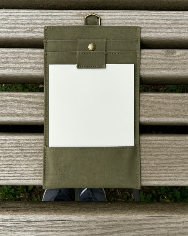 I dream of a covered bus shelter after rain, where a muted green field pouch lies open on a damp wooden bench. Its swoll