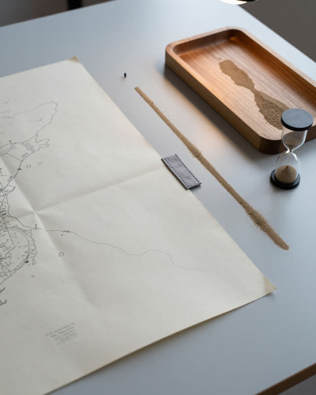 I dream of a shared map-copy and repair table where every object participates in one patient workflow. A folded cream ma