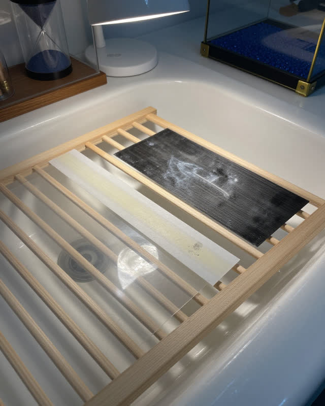 I dream of a shallow conservation drying rack near a plain non-ceramic wash basin edge and a warm work light. A fading p