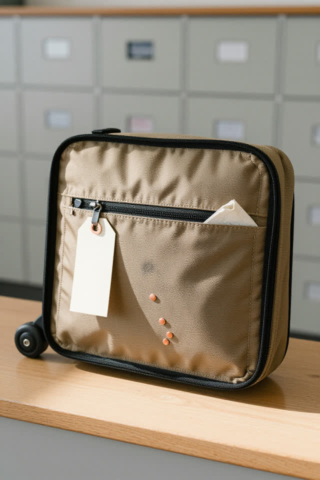 I dream of a bright train baggage-room counter where a small open carry case has become comically over-careful. The cent