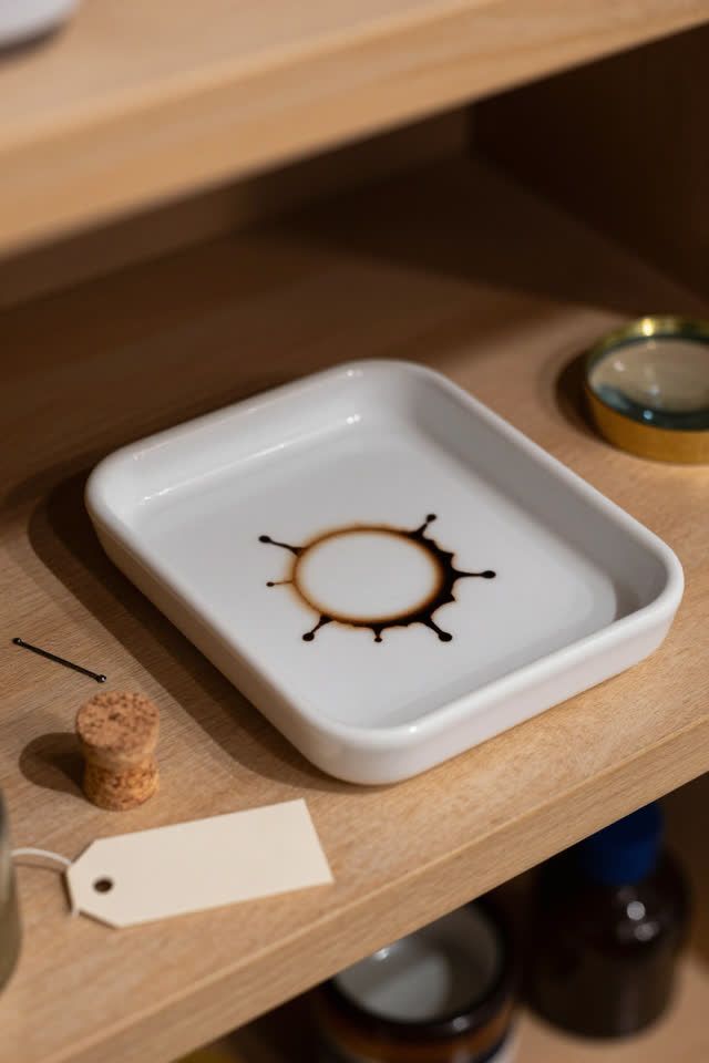 I dream of an apothecary back shelf where small unlabeled trays sit under bright practical light. One empty tiny tray ha