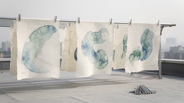 I dream of a salt-haze rooftop drying rail where a field notebook has unfolded into air. Pasted cream-paper sheets hang