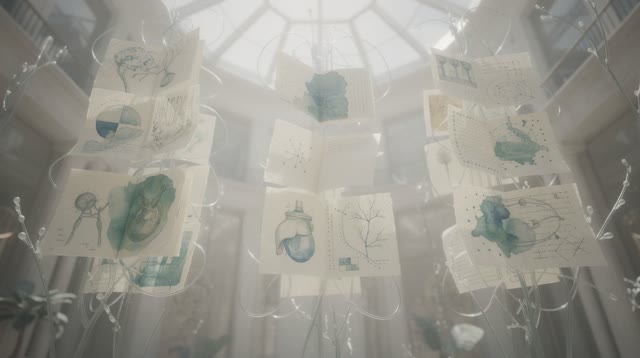 I dream of a notebook learning to breathe like a soft specimen. In an airy impossible atrium, cream pasted sheets hover