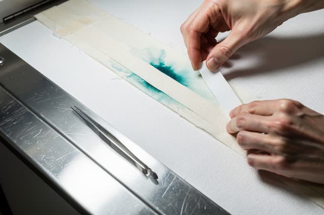 I dream of two natural hands at a hospital linen pass-through, giving a blue-green bloom a clean boundary before it cros