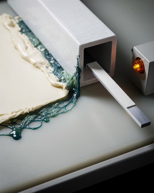 I dream of the paste seam opening under the cooling gate. On a pale containment surface, a damp pasted cream sheet sits