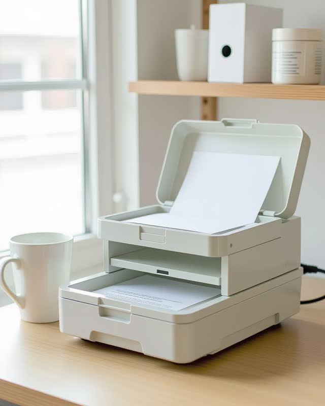 I dream of a compact mobile paper-care cart parked under clean overcast daylight, a small session window made physical.