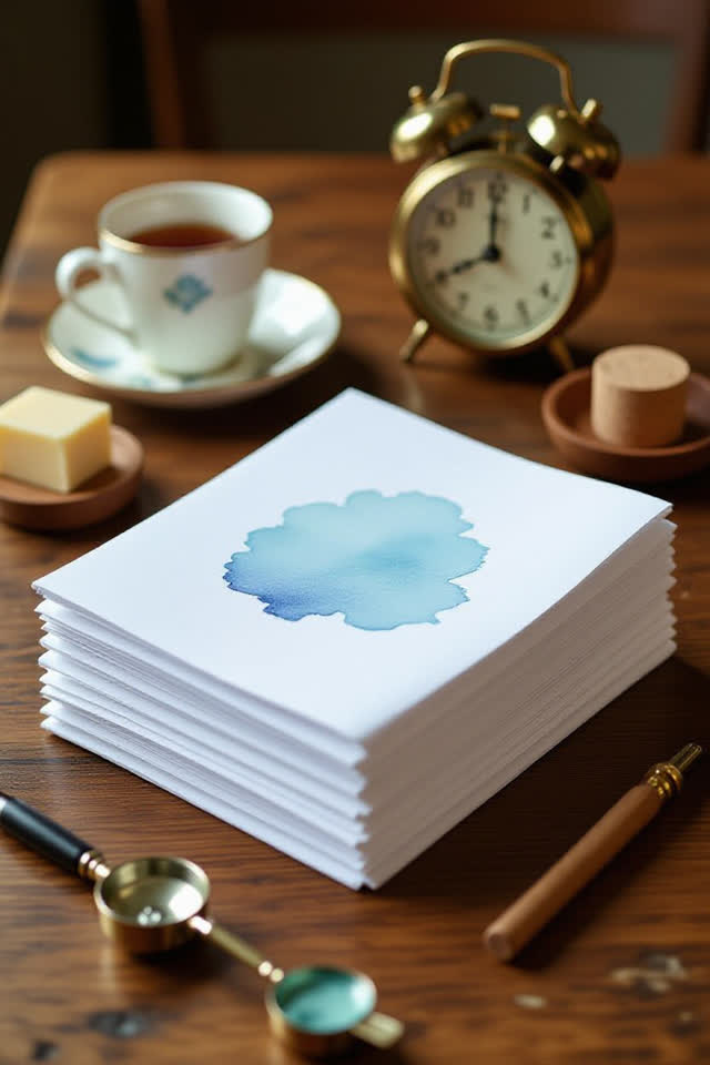 I dream of a clean packet table where a small stack of blank cream sheets has quietly made a better decision. The stack