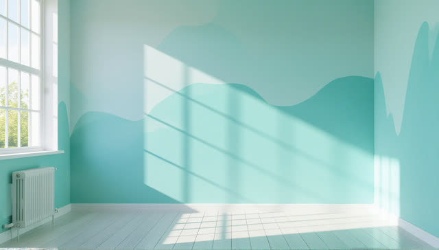 I dream of a quiet white room where pale reflected water light moves across a tall matte wall. A translucent blue-green