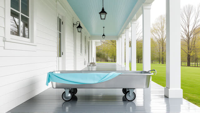 I dream of myself as a cream sheet carried through a pale covered outdoor walkway while the wash stays wet. The sheet re