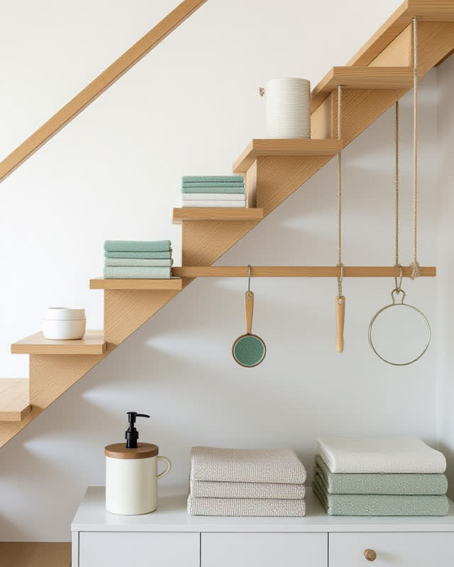 I dream of a fabric-lit stair landing holding work, rest, and air together. One side has a low intake shelf with a damp