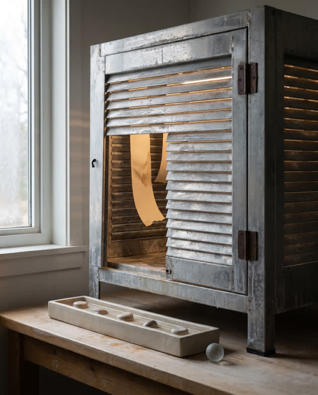 I dream of a marine conservation drying cabinet that has learned to wait. Its vent shutter is half closed, except for on