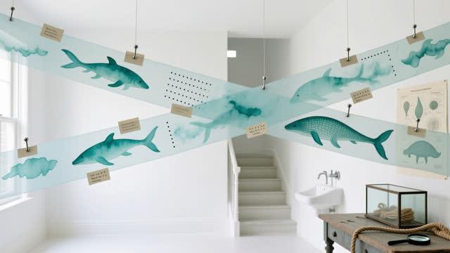 I dream of an airy white room crossed by suspended vellum strips, each one carrying thin blue-green watercolor wash that