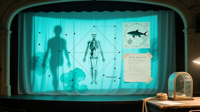 I dream of a clean theater scrim in soft projection glow, where a field note has become light instead of a diagram. Blue