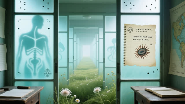 I dream of a milk-glass corridor growing a field note without words. Translucent panels recede into an impossible passag