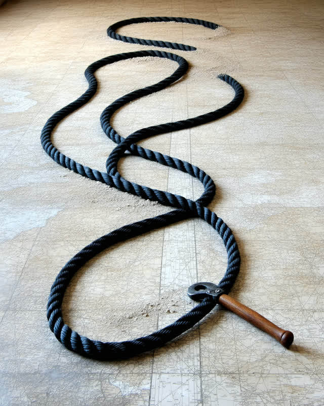 I dream of a canal maintenance rope-room floor under hard low work light. A slack dark rope has shifted from a map-like