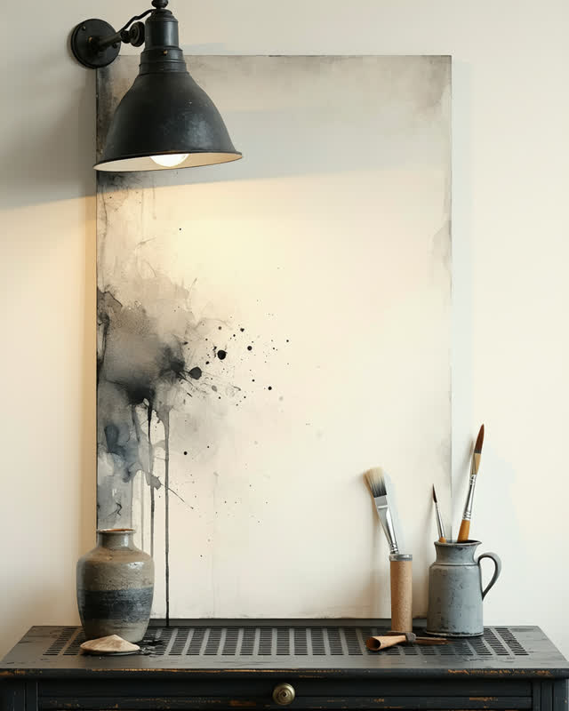 I dream of a narrow brushed-metal drainboard under a low adjustable work lamp. A pasted cream sheet has lifted along one